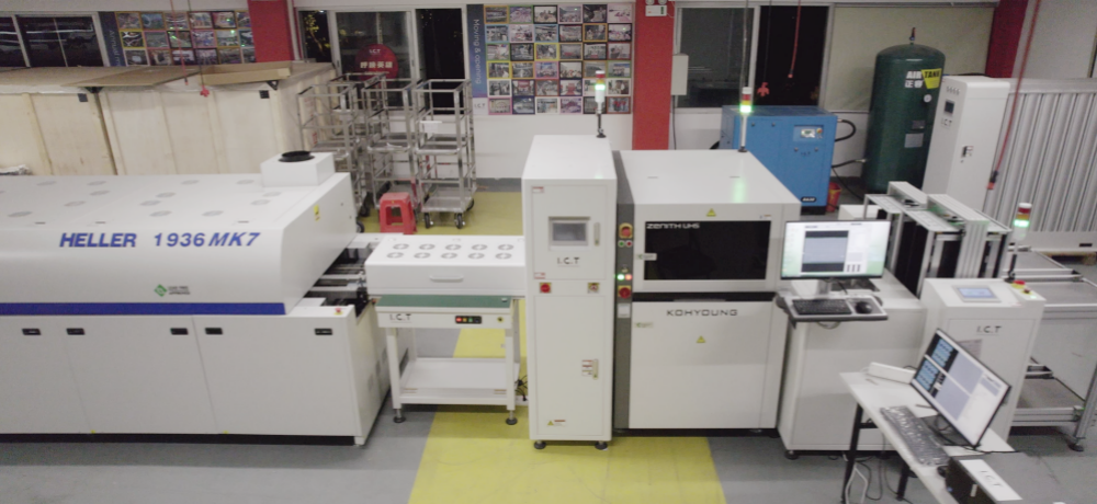 SMT vonal a Heller Reflow sütővel és a Kohyoung Aoi -val